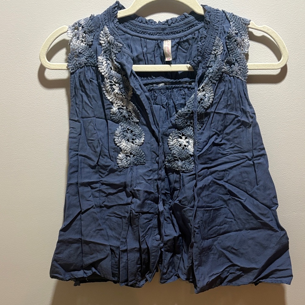 Free People Navy Blue Embroidered Blouse